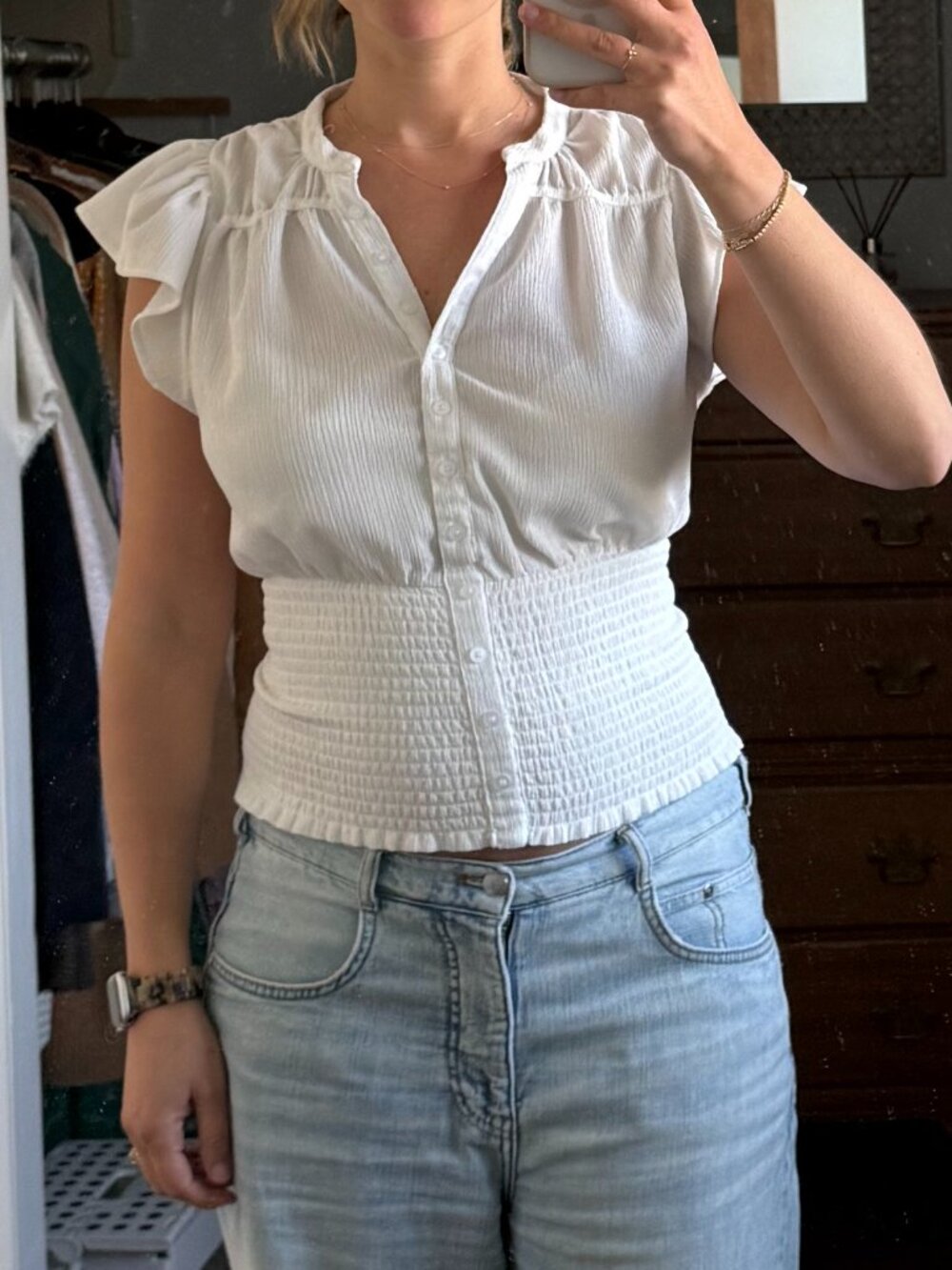 Maeve (Anthropologie) - White Flutter Sleeve - Smocked Blouse Button-Down Top - Picture 4 of 4